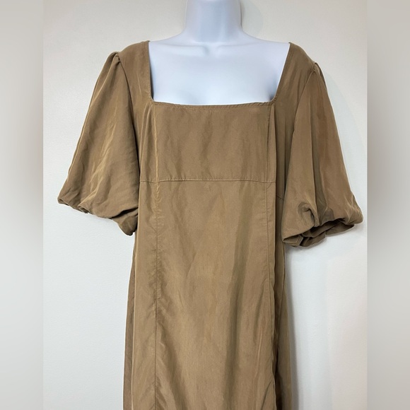 Free People Large Jordan Puff Short Sleeve Drop Ruffle Hem Midi Dress Tobacco - Picture 5 of 11